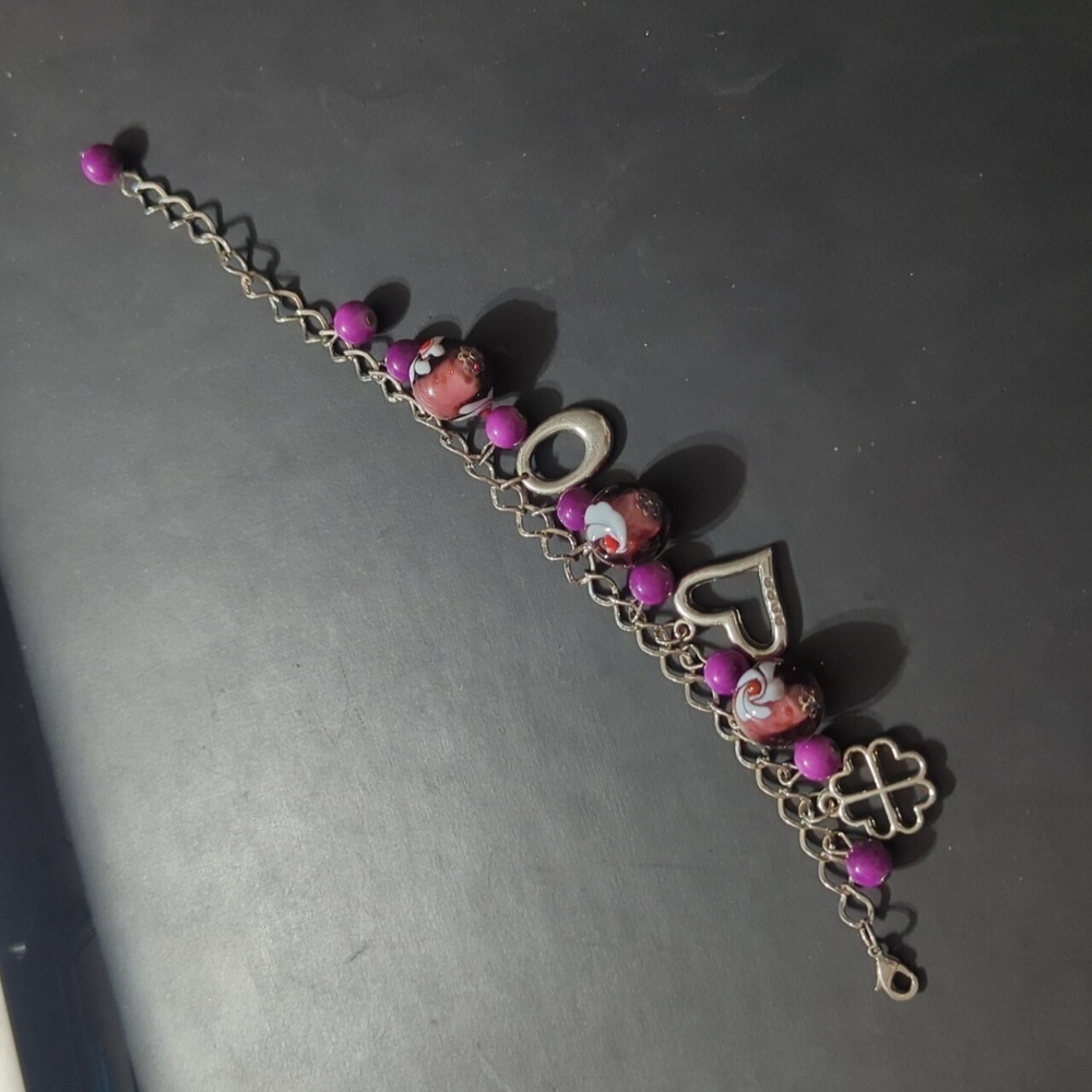 Silver Tone Purple Glass Bead Heart and Clover Charm Statement Bracelet